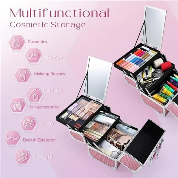 Makeup Train Case Pink Travel Cosmetic Box Lockable Organizer with Mirror - Picture 2 of 7